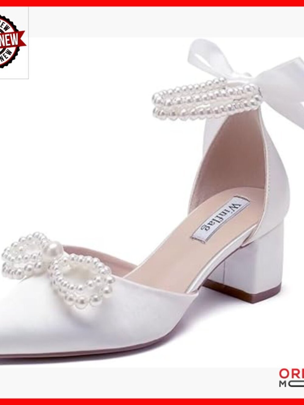 Satin Pearl Wedding Heels Block Heel Pointed Toe Bridal Shoes
